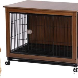 Dog Crate Furniture,Wooden Dog Crate,Decor Pet House Kennel with Removable Trays and Lockable Wheels,Indoor Pet Crate End Table for Small Dog,The Top Floor Can Be Used to Store Items,G,L