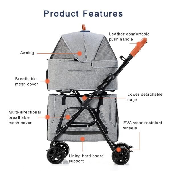 Double Layer Separable Stroller for Small Medium Dogs Cats Premium Pet Stroller Dog Stroller Dog Stroller Single Carriage Trolley (Blue) - Image 3