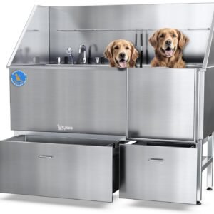 KANIS Professional Stainless Steel Dog Bathing Station - Grooming Tub w/Ramp, Storage Drawer, Floor Grate & Faucet/Dog Bathtub for Large, Medium & Small Pets (61", 2 Drawers - Right RAMP)