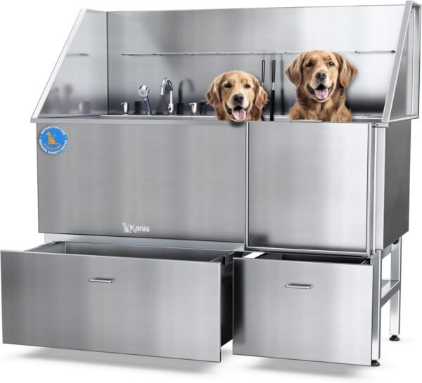 KANIS Professional Stainless Steel Dog Bathing Station - Grooming Tub w/Ramp, Storage Drawer, Floor Grate & Faucet/Dog Bathtub for Large, Medium & Small Pets (61", 2 Drawers - Right RAMP)