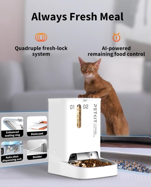 PETKIT Automatic Cat Feeder with AI Camera for Two Cats, 1080P HD Video with Night Vision, 2.4G WiFi Pet Feeder with 2-Way Audio for Cat & Dog, Dual Food Hopper 4-Stage Fresh Lock Dry Food Dispenser - Image 7