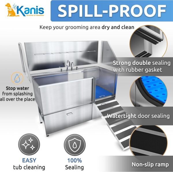 KANIS Professional Stainless Steel Dog Bathing Station - Grooming Tub w/Ramp, Storage Drawer, Floor Grate & Faucet/Dog Bathtub for Large, Medium & Small Pets (61", 2 Drawers - Right RAMP) - Image 5