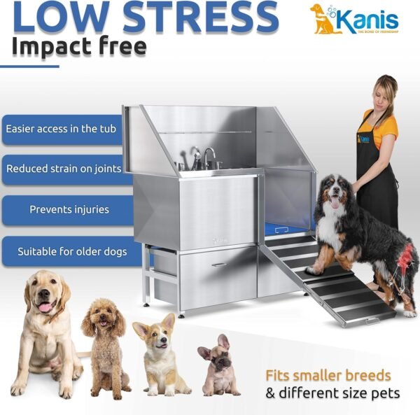 KANIS Professional Stainless Steel Dog Bathing Station - Grooming Tub w/Ramp, Storage Drawer, Floor Grate & Faucet/Dog Bathtub for Large, Medium & Small Pets (61", 2 Drawers - Right RAMP) - Image 4