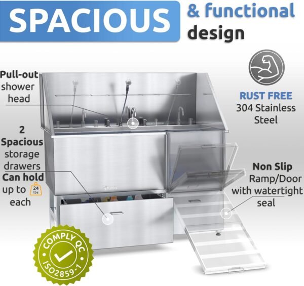 KANIS Professional Stainless Steel Dog Bathing Station - Grooming Tub w/Ramp, Storage Drawer, Floor Grate & Faucet/Dog Bathtub for Large, Medium & Small Pets (61", 2 Drawers - Right RAMP) - Image 3