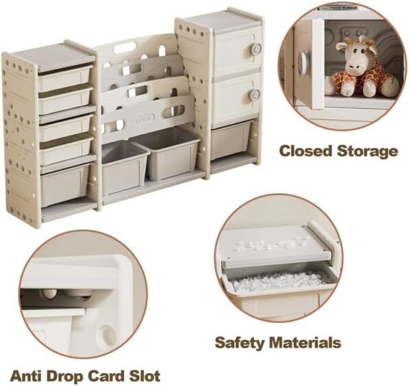Toy Storage Organizer 8 Storage Cabinet Removable Toy Bins, 4-Tier Book Organizers Storage and 2 Cabinet Storage, Bookshelf and Toy Storage for Playroom, Bedroom, Kids Room - Image 7
